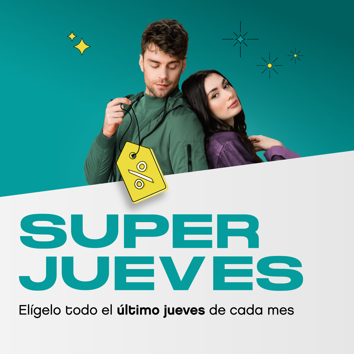 dark-haired boy and girl with green jumper and tag in hand